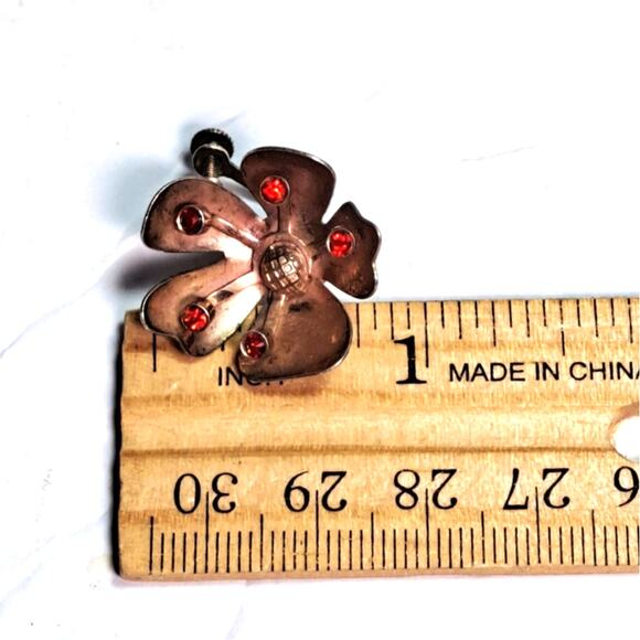 Vintage 1950s-60s Sterling Silver Flower Earrings Screw Back Red Crystals MCM - Picture 2 of 6